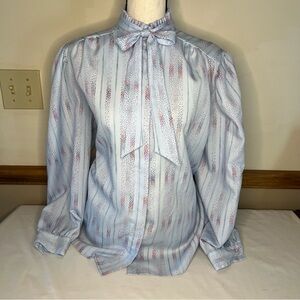 Vintage blue polka dots polyester button up with sash Ruggeri women's 14 runs sm
